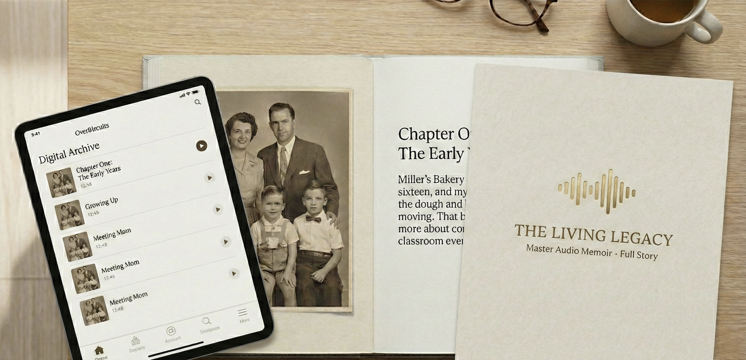 OverBiscuits product lineup - Digital Archive, Heirloom Book, and Living Legacy